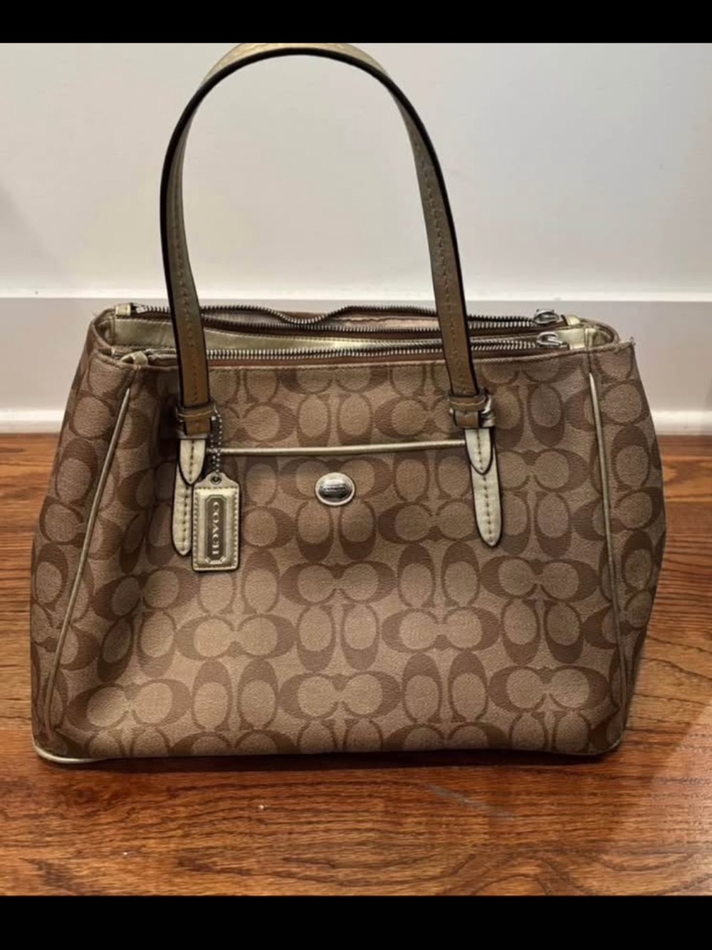 Coach Brown Signature Monogram Tote with Cream Trim